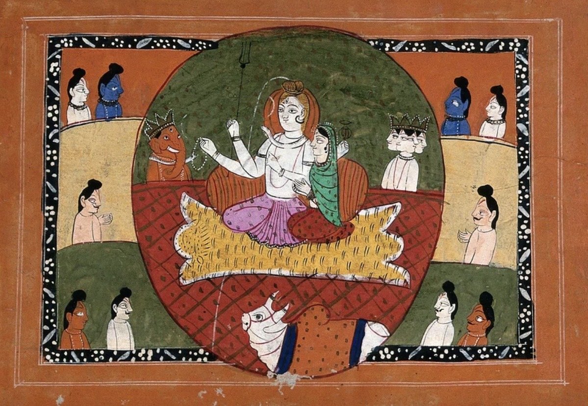Shiva and Parvati seated at the centre of a divine assembly