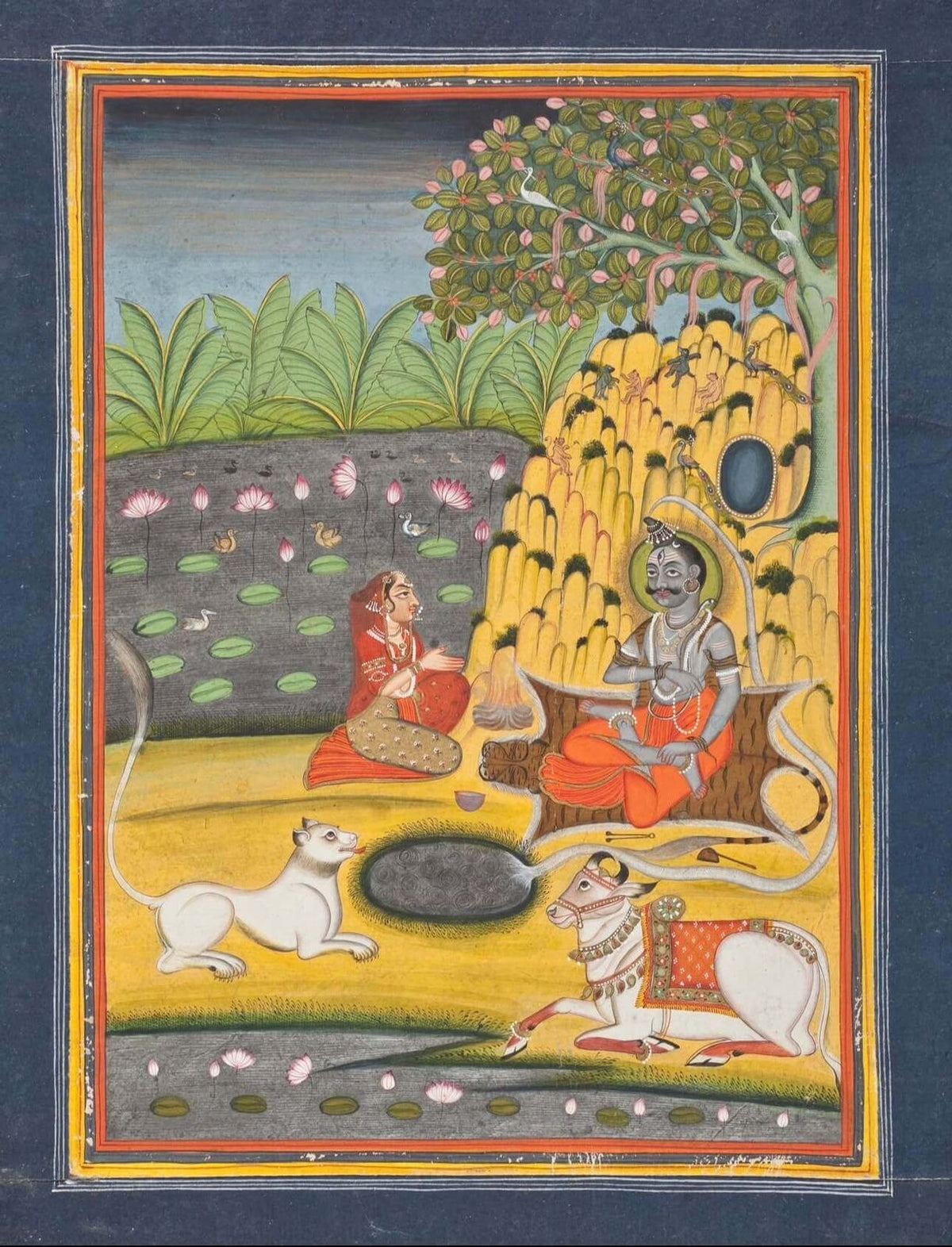 Shiva and Parvati together in a lotus grove with Nandi