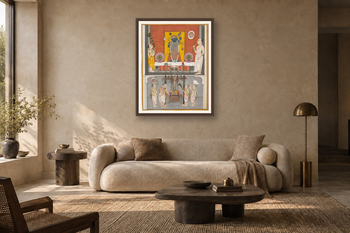 Shreenath ji pichwai with Thakur ji museum-grade art print in a living room