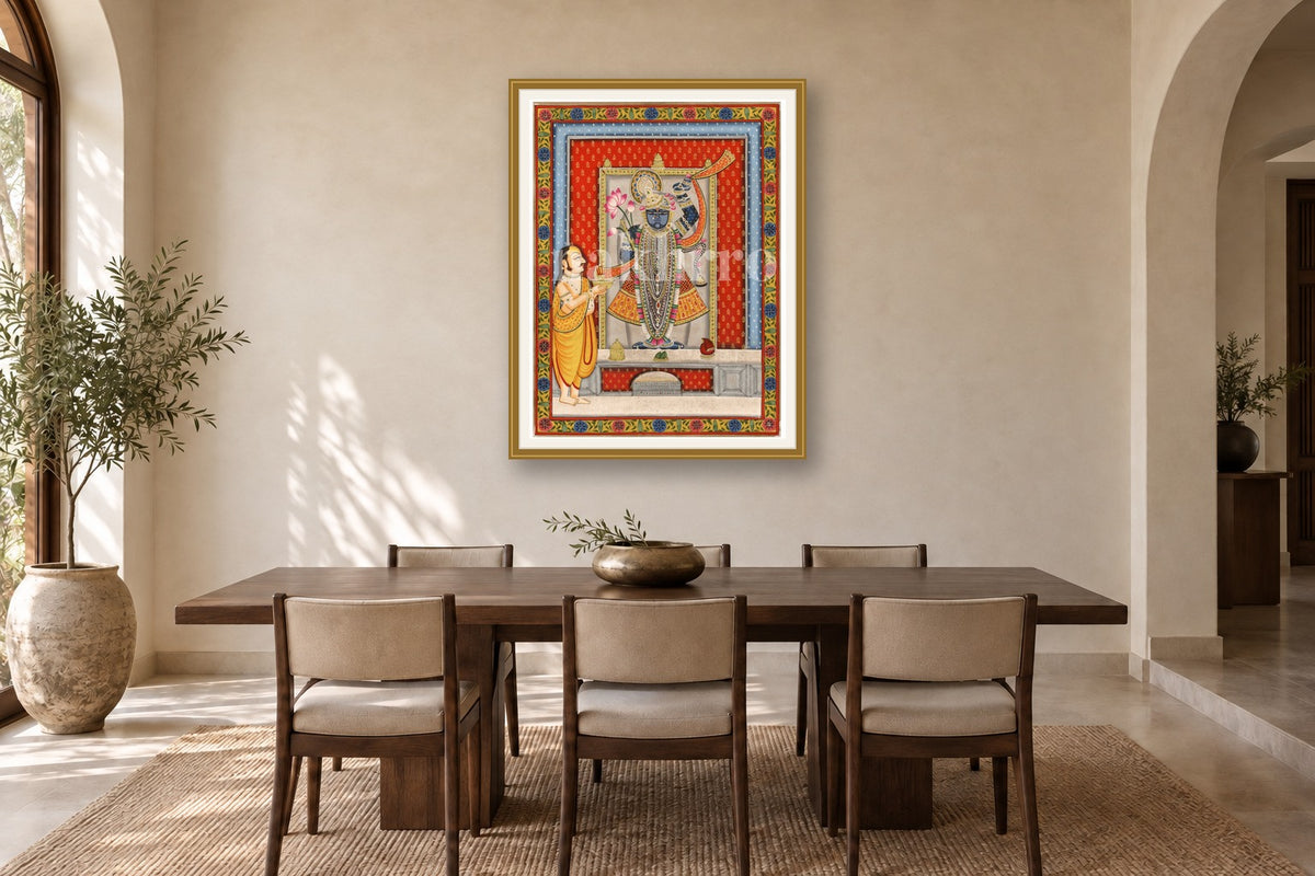 Shrinath Ji Aarti Pichwai styled in a premium dining room