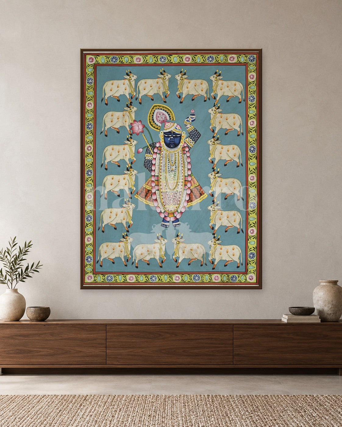 Shrinathji and White Cows in Turquoise — slim-frame room mockup 1 with Nakhrro watermark
