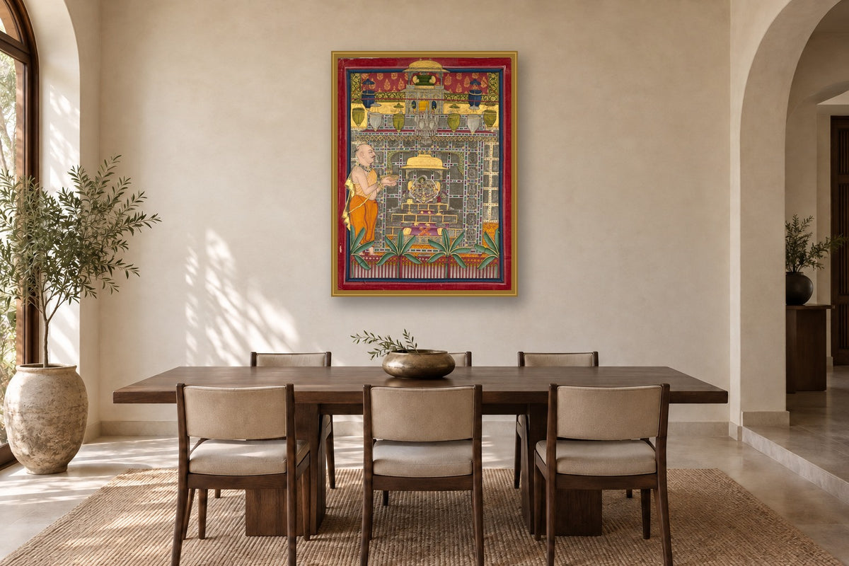 Shrinathji Darshan Pichwai Art Print in a dining room