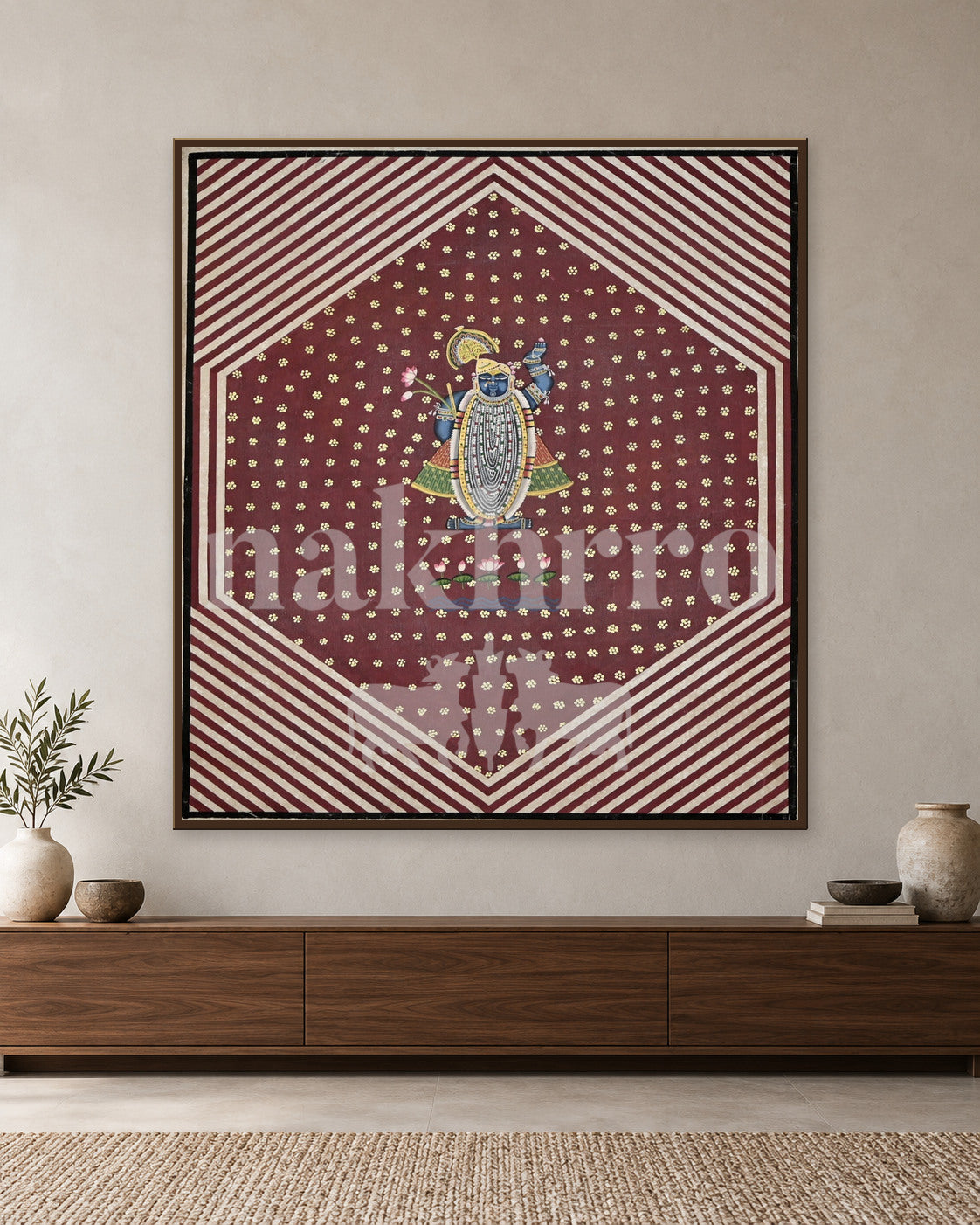 Shrinathji in a Maroon Geometric Medallion — slim-frame room mockup 1 with Nakhrro watermark