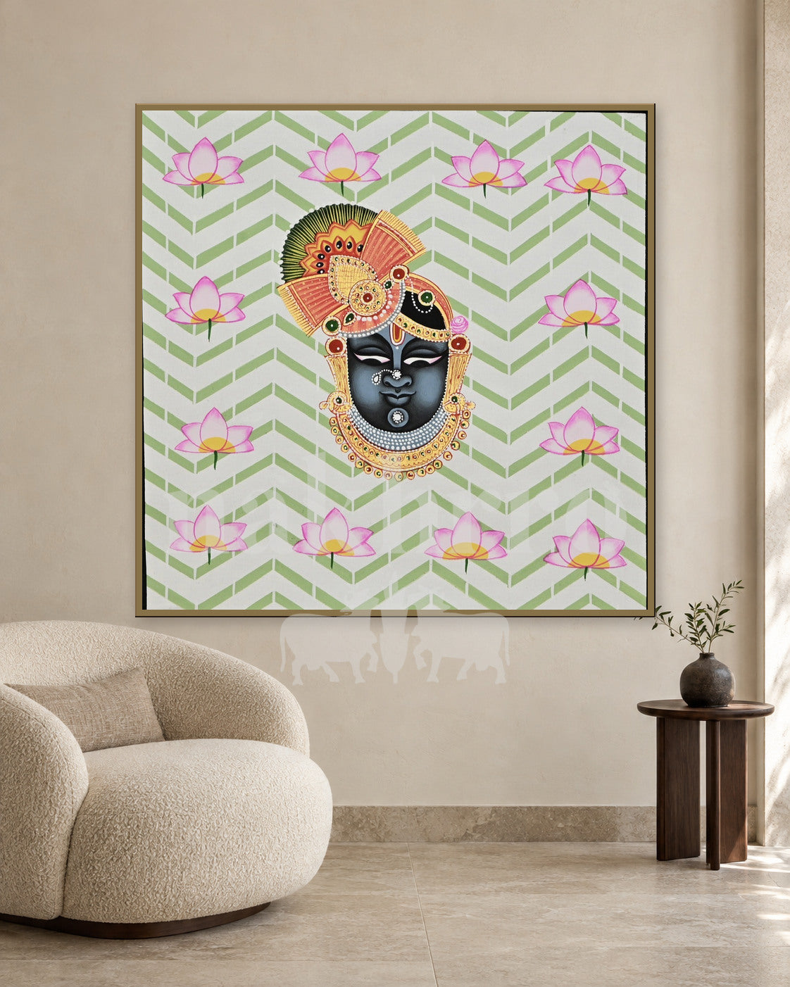Shrinathji Portrait on Green Chevrons — slim-frame room mockup 2 with Nakhrro watermark