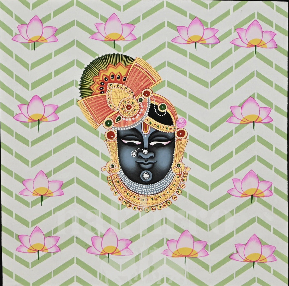 Shrinathji Portrait on Green Chevrons — full artwork with Nakhrro watermark