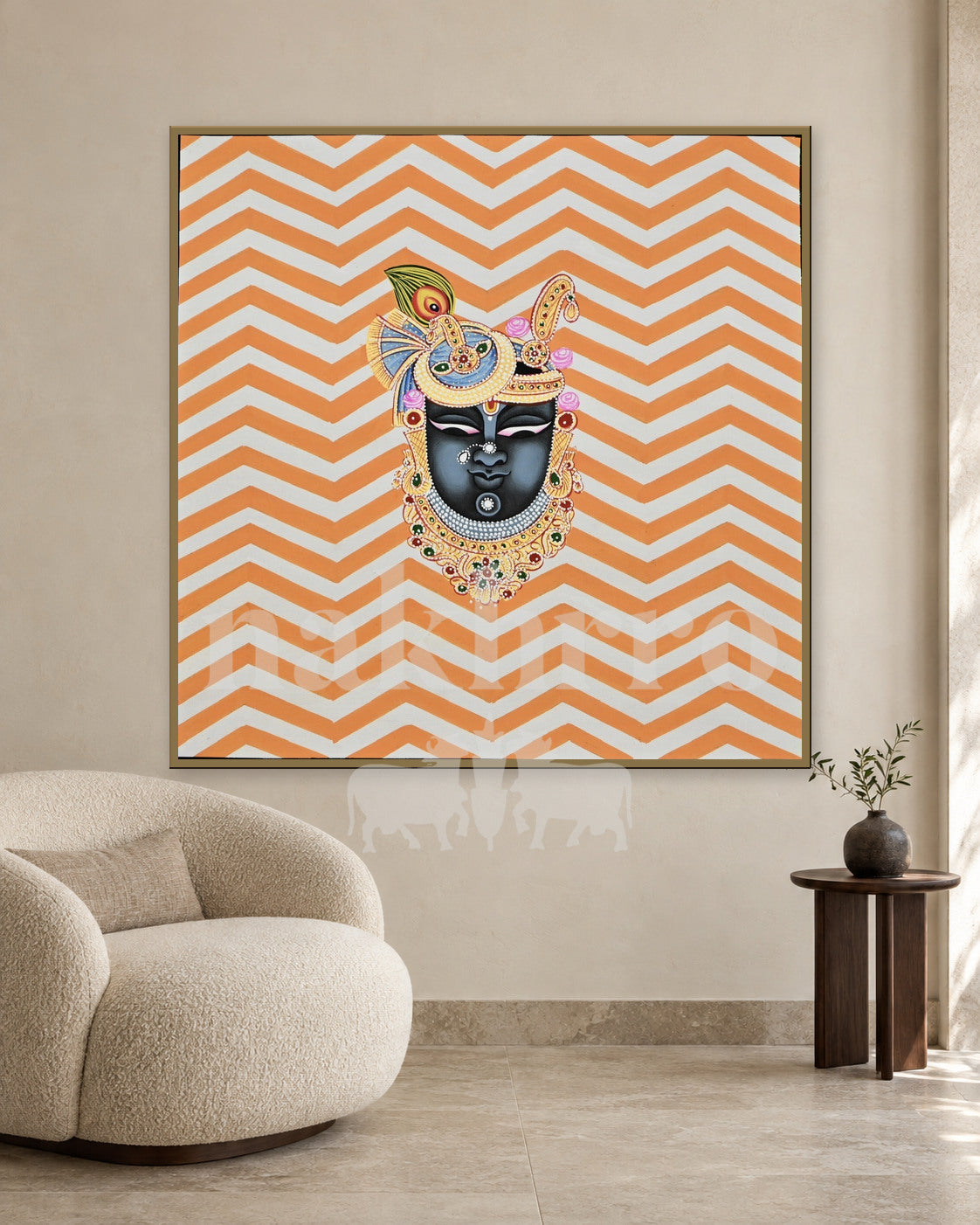 Shrinathji Portrait on Orange Chevrons — slim-frame room mockup 2 with Nakhrro watermark