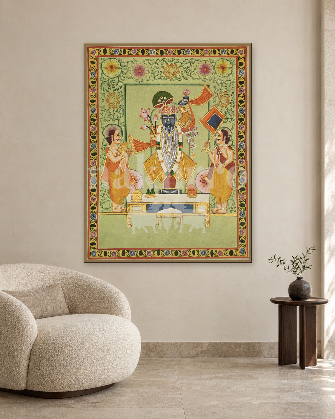 Shrinathji Temple Darshan with Attendants — slim-frame room mockup 2 with Nakhrro watermark