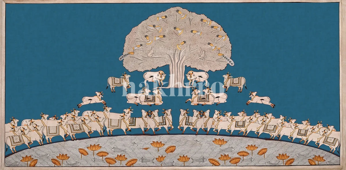 teal Tree of Life with white cows, birds and lotus pond — horizontal Pichwai art print