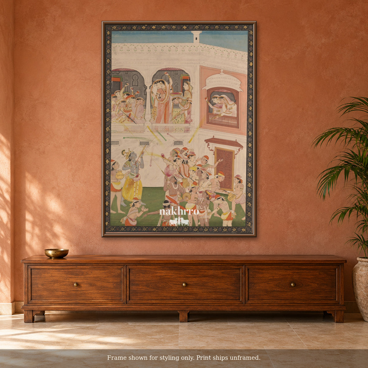 The Palace Celebration — terracotta room framed styling mockup, print ships unframed
