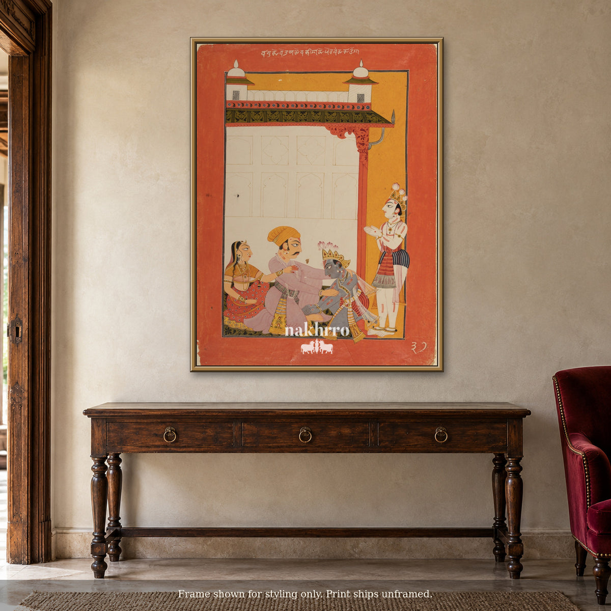 The Vermilion Pavilion — warm foyer framed styling mockup, print ships unframed