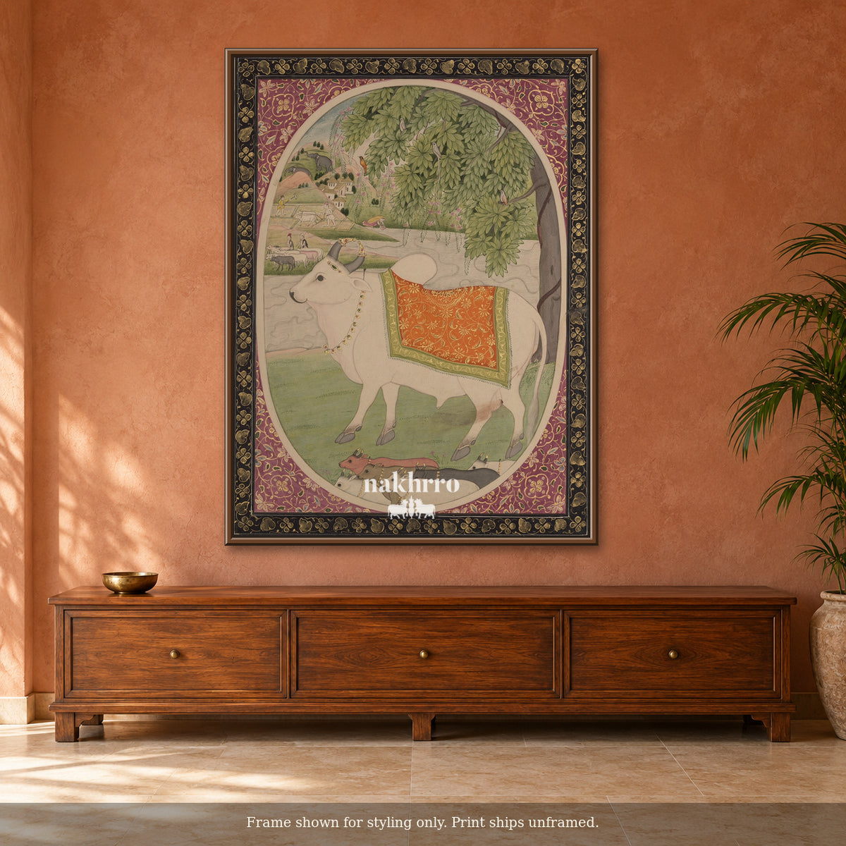 The White Cow Beneath the Trees — terracotta room framed styling mockup, print ships unframed