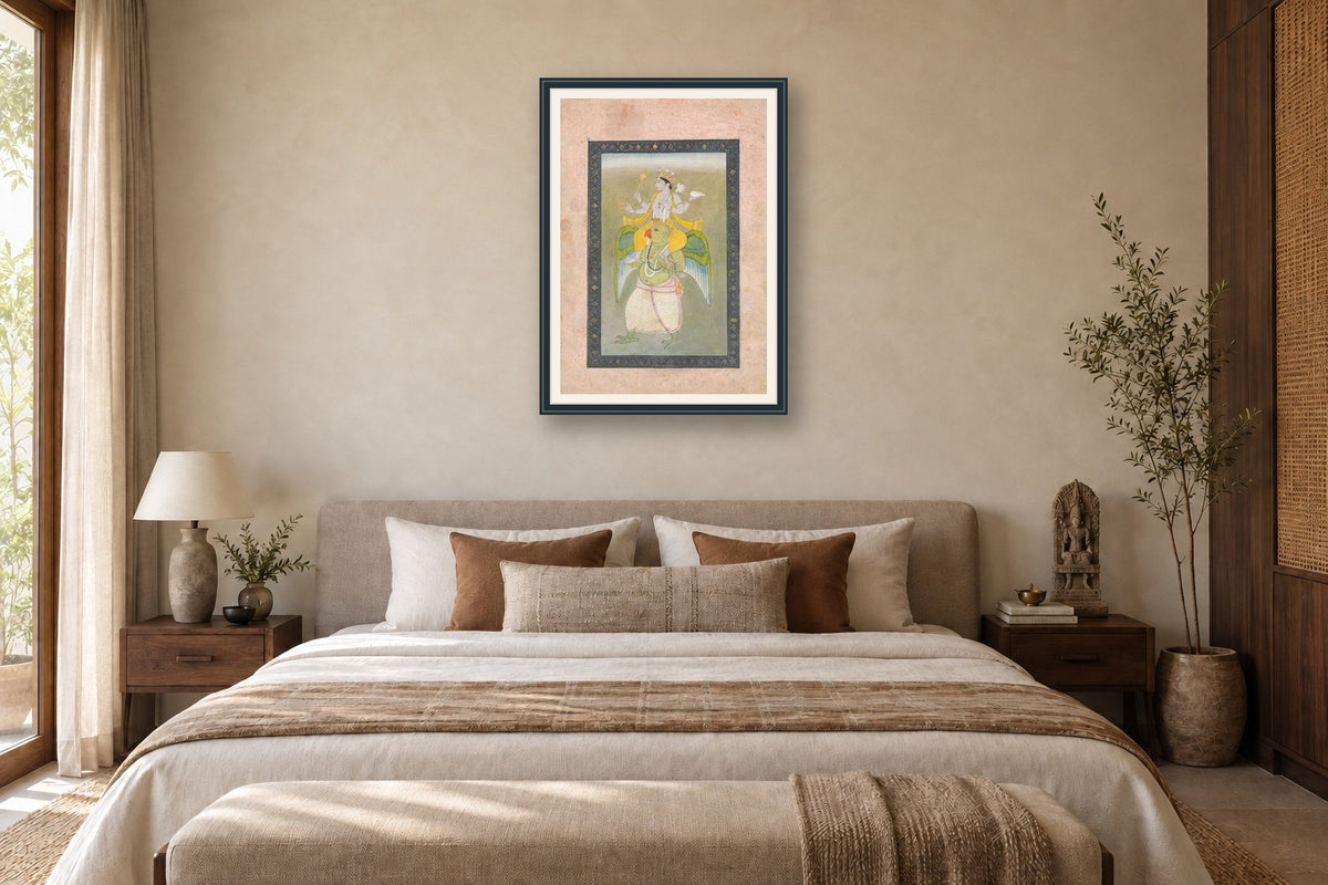Lord Vishnu on Garuda museum-grade art print in a bedroom