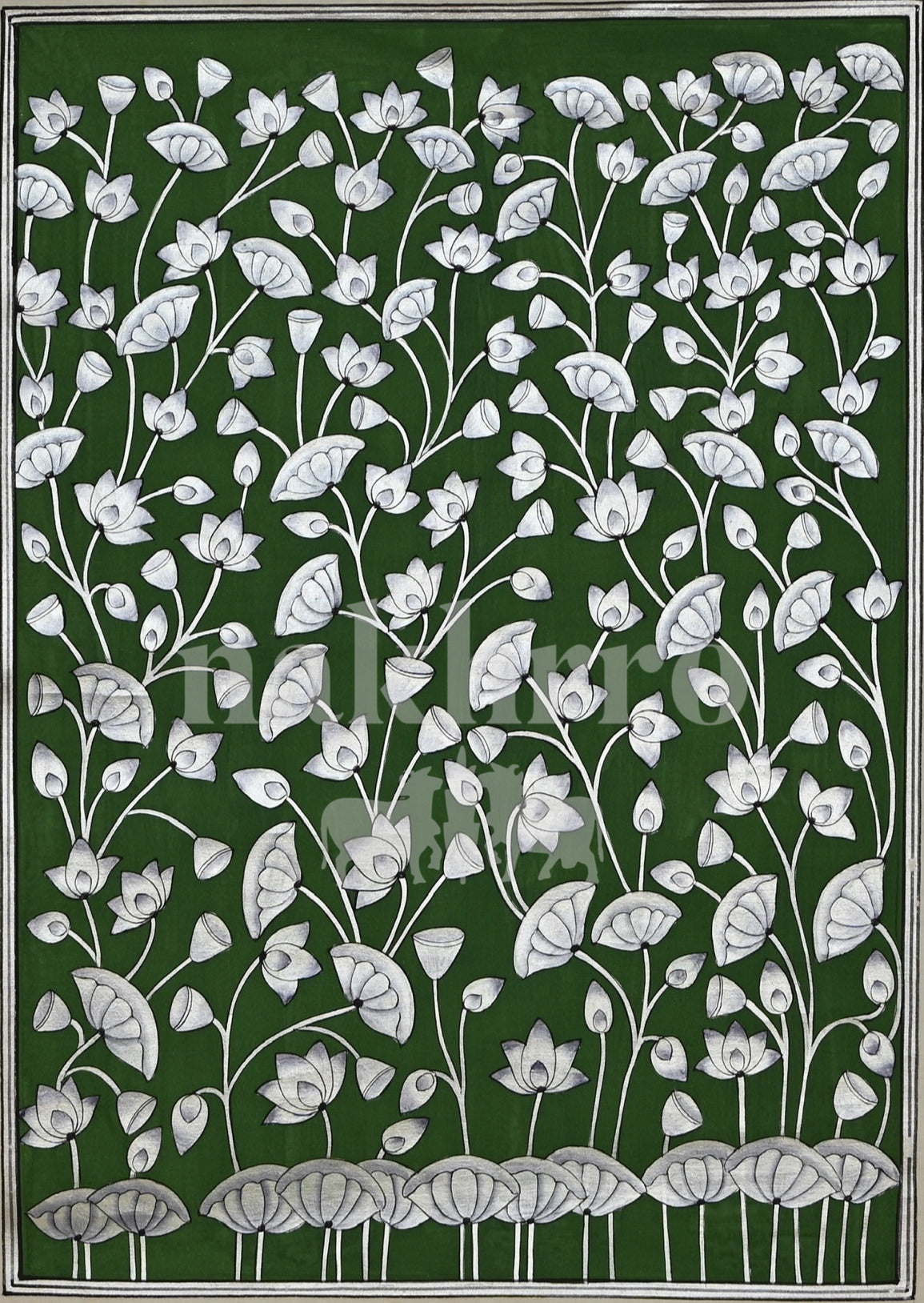 White Lotus Garden on Deep Green — full artwork with Nakhrro watermark