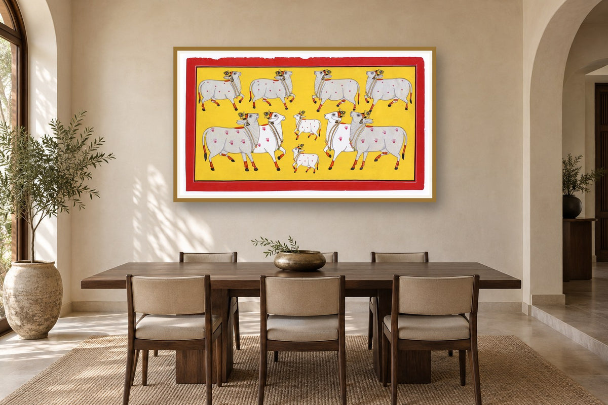 Yellow Kamdhenu Cows Of Pichwai styled in a premium dining room