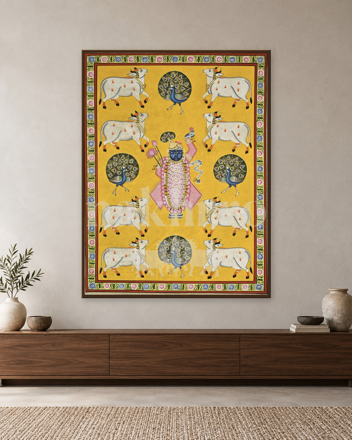 Yellow Shrinathji with Cows and Peacock Fans — slim-frame room mockup 1 with Nakhrro watermark