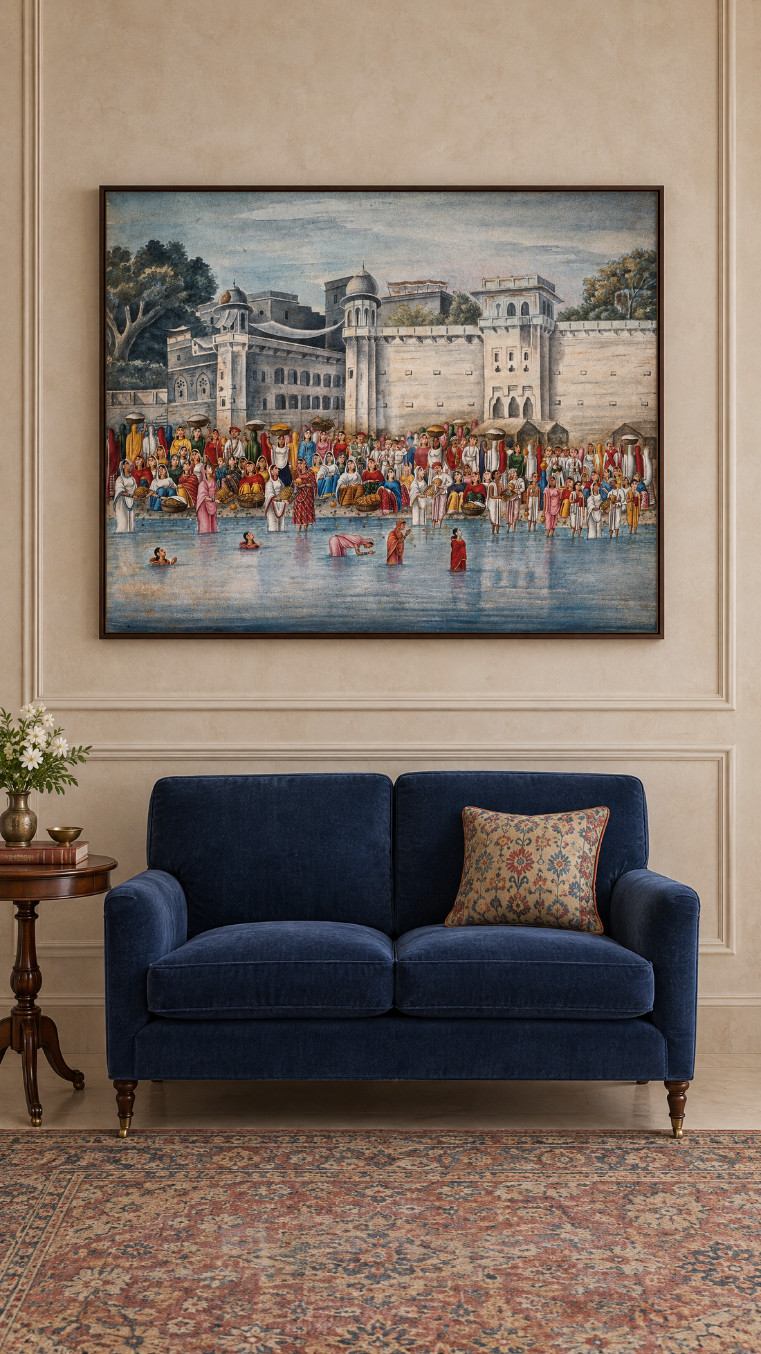 Indian ghat art above a navy sofa in a Nakhrro room visualisation