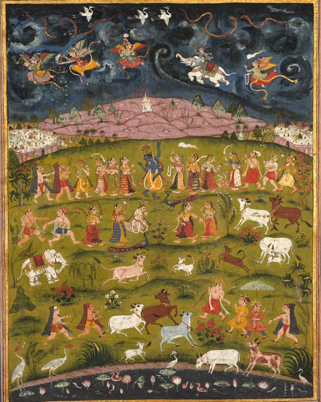 Krishna Lifting Govardhan Hill | Colourful Miniature in Emerald and Indigo | Museum-Grade Archival Print
