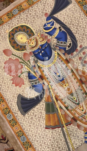 Shrinathji Shringar — Full Figure Pichwai with Lotus & Pearl Garlands - Nakhrro