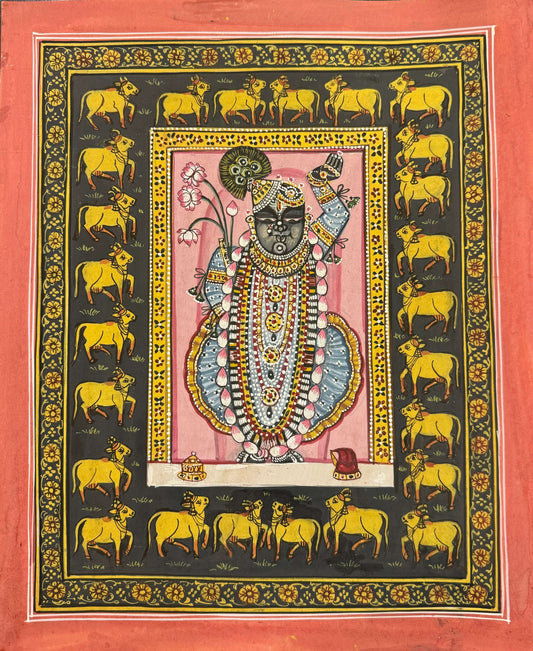 Black Shrinath Ji Around Kamdhenu Pichwai Contemporary Pichwai Antique Finish - Nakhrro