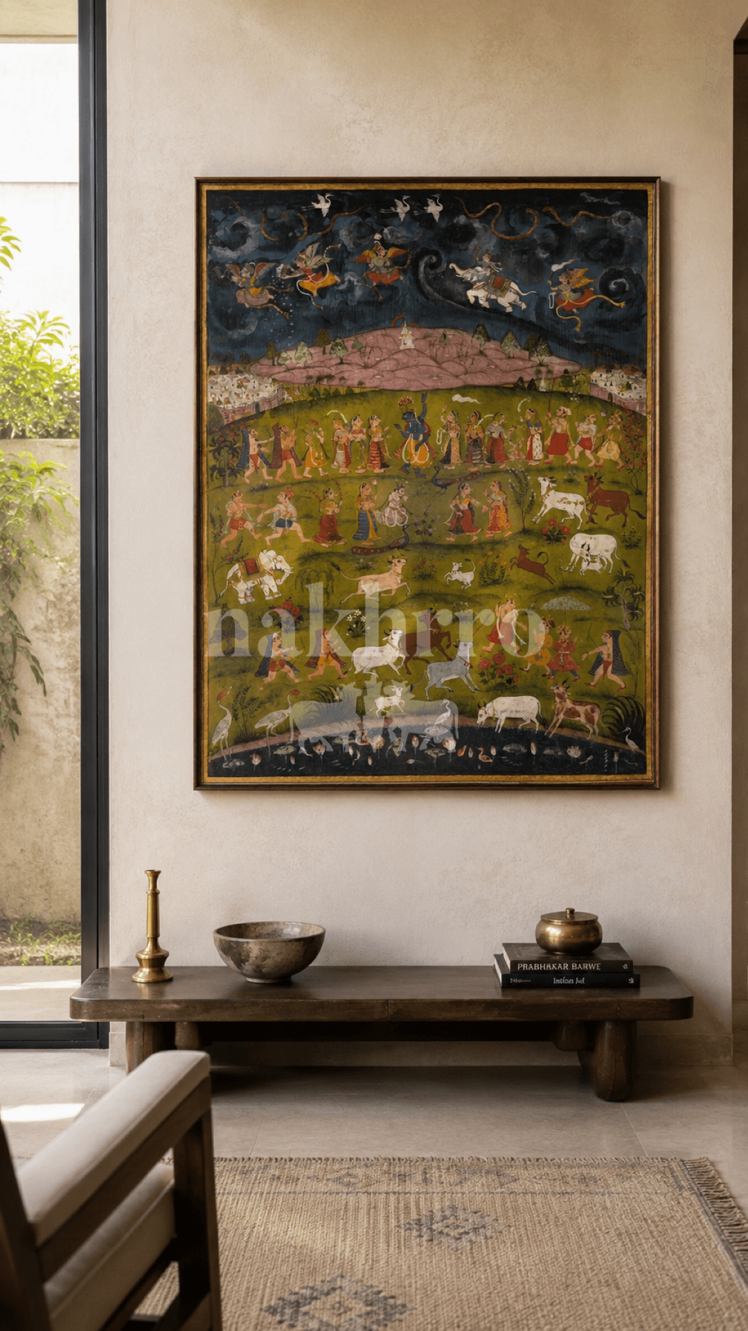 Krishna Lifting Govardhan Hill | Colourful Miniature in Emerald and Indigo | Museum-Grade Archival Print