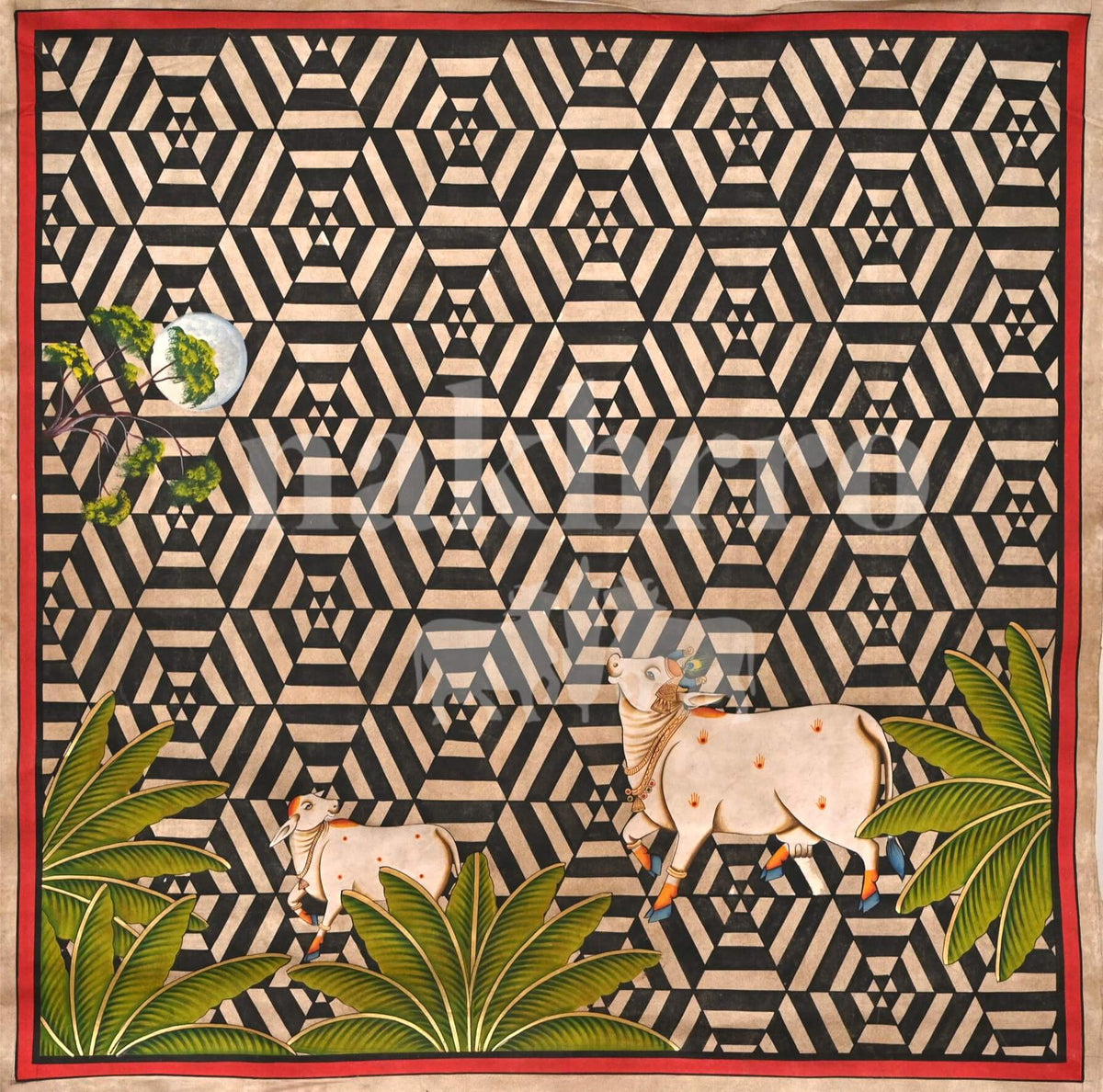 Kamdhenu Cow & Calf Pichwai Kaleidoscope – Black Geometric Background | Museum-Grade Archival Print - Nakhrro