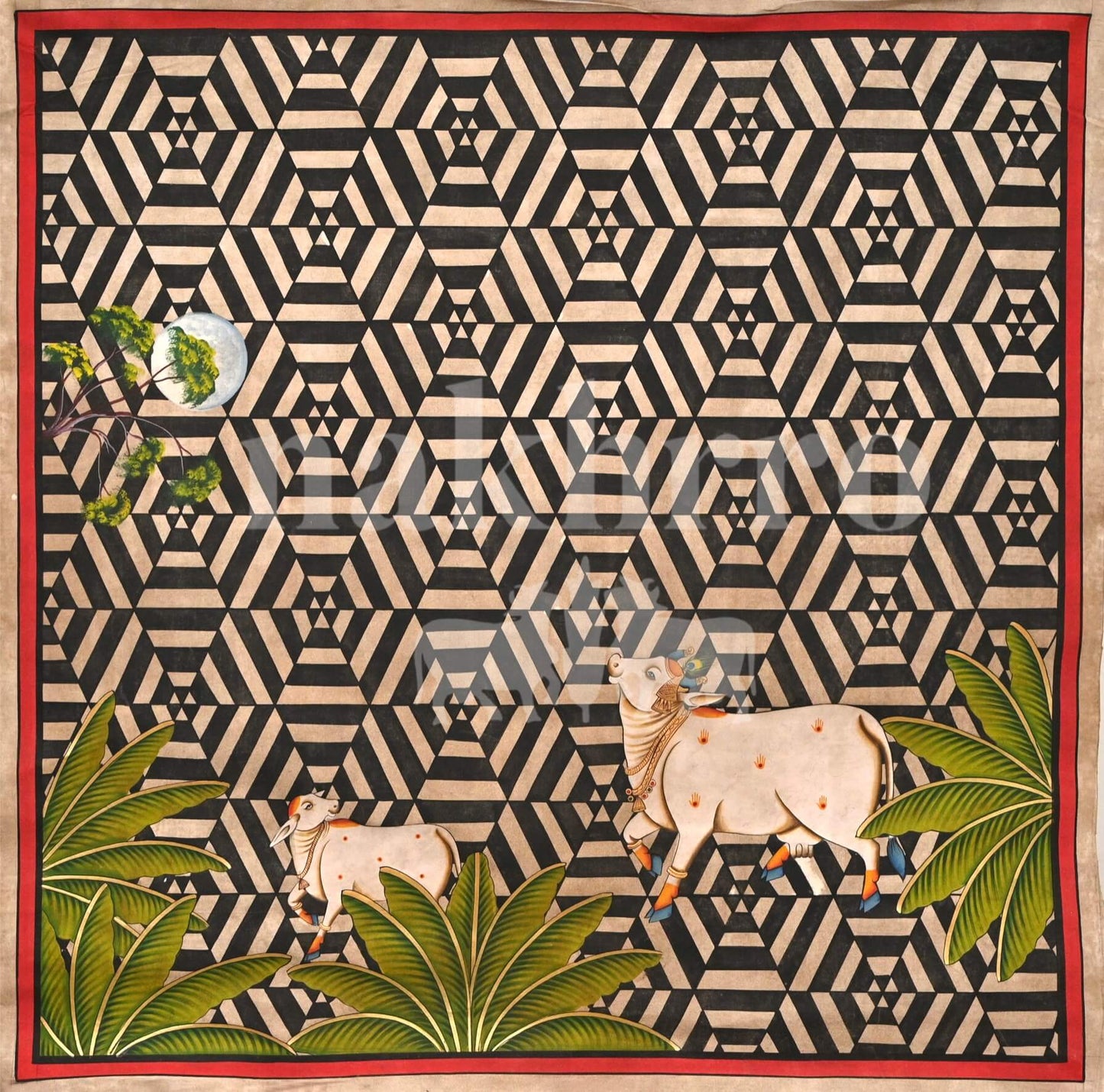 Kamdhenu Cow & Calf Pichwai Kaleidoscope – Black Geometric Background | Museum-Grade Archival Print