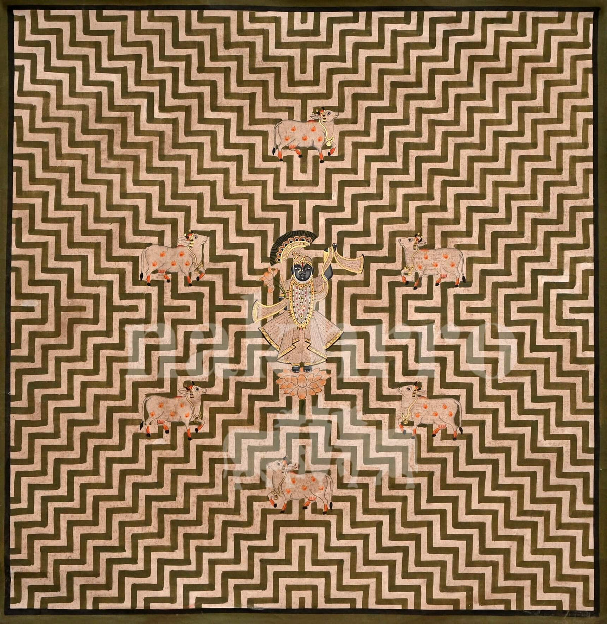 Shreenathji with Cows – Museum-Grade Archival Print in Olive Zigzag Geometric Pattern