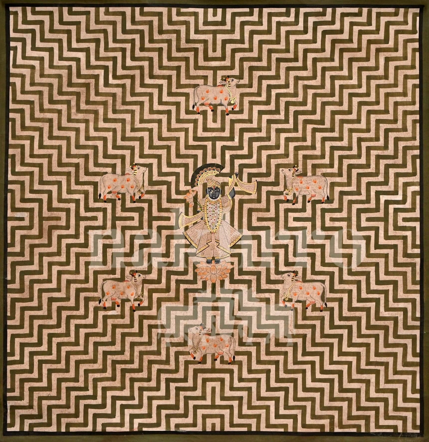 Shreenathji with Cows – Museum-Grade Archival Print in Olive Zigzag Geometric Pattern