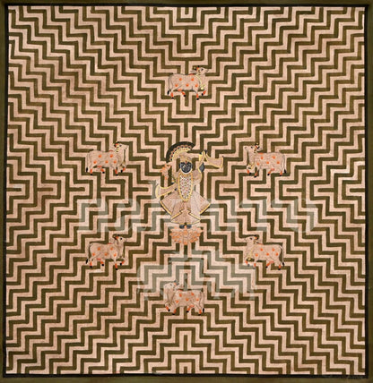 Shreenathji with Cows – Museum-Grade Archival Print in Olive Zigzag Geometric Pattern