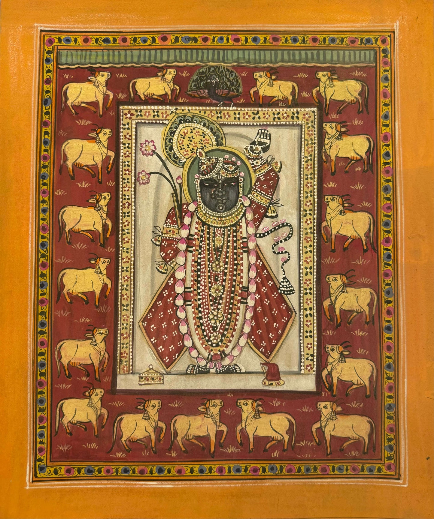 Red Shrinath Ji Around Kamdhenu Pichwai Contemporary Pichwai Antique Finish - Nakhrro