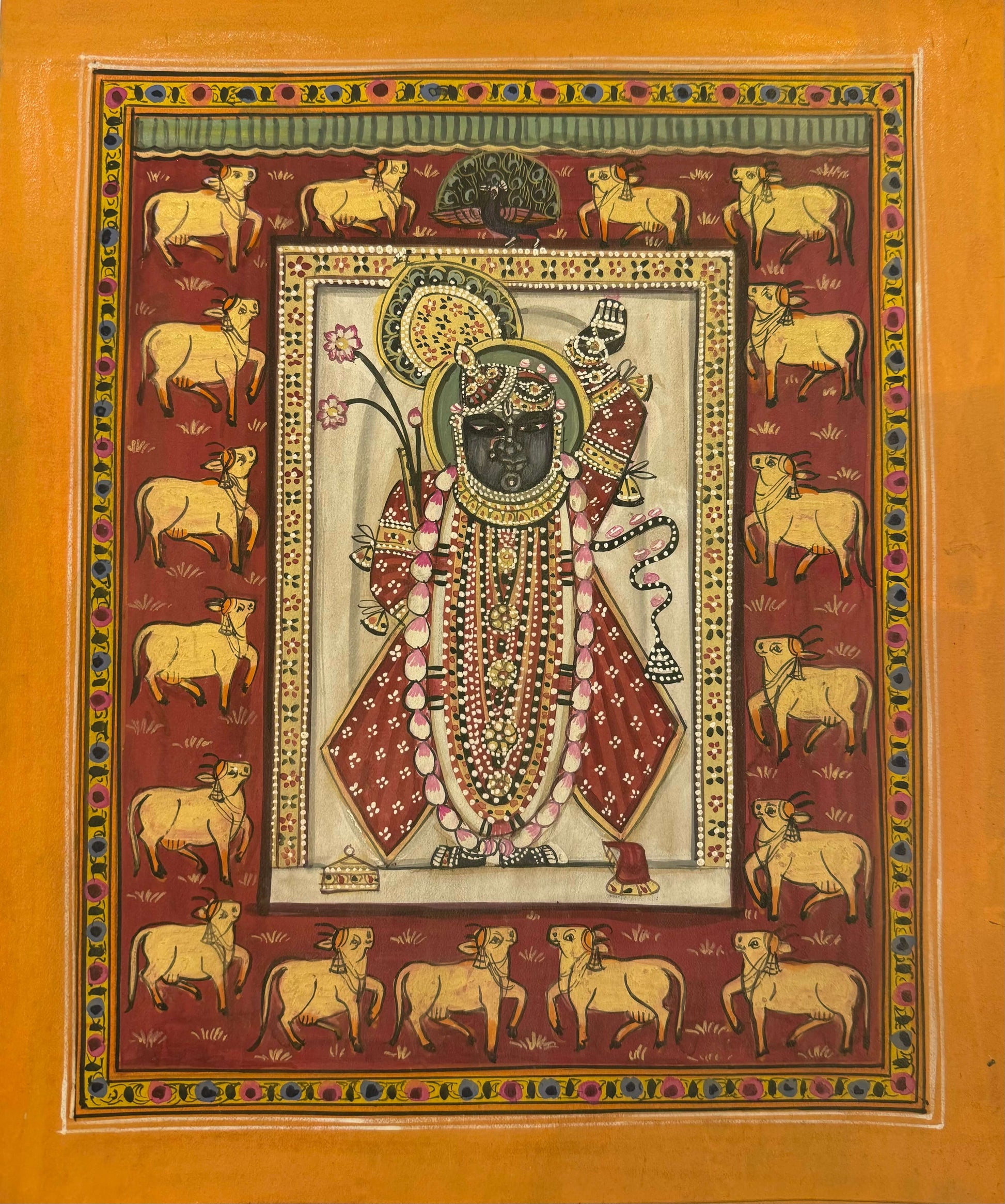 Red Shrinath Ji Around Kamdhenu Pichwai Contemporary Pichwai Antique Finish - Nakhrro