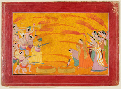 Krishna Playing Holi with Gopis – Rajasthani Miniature Art Print - Nakhrro