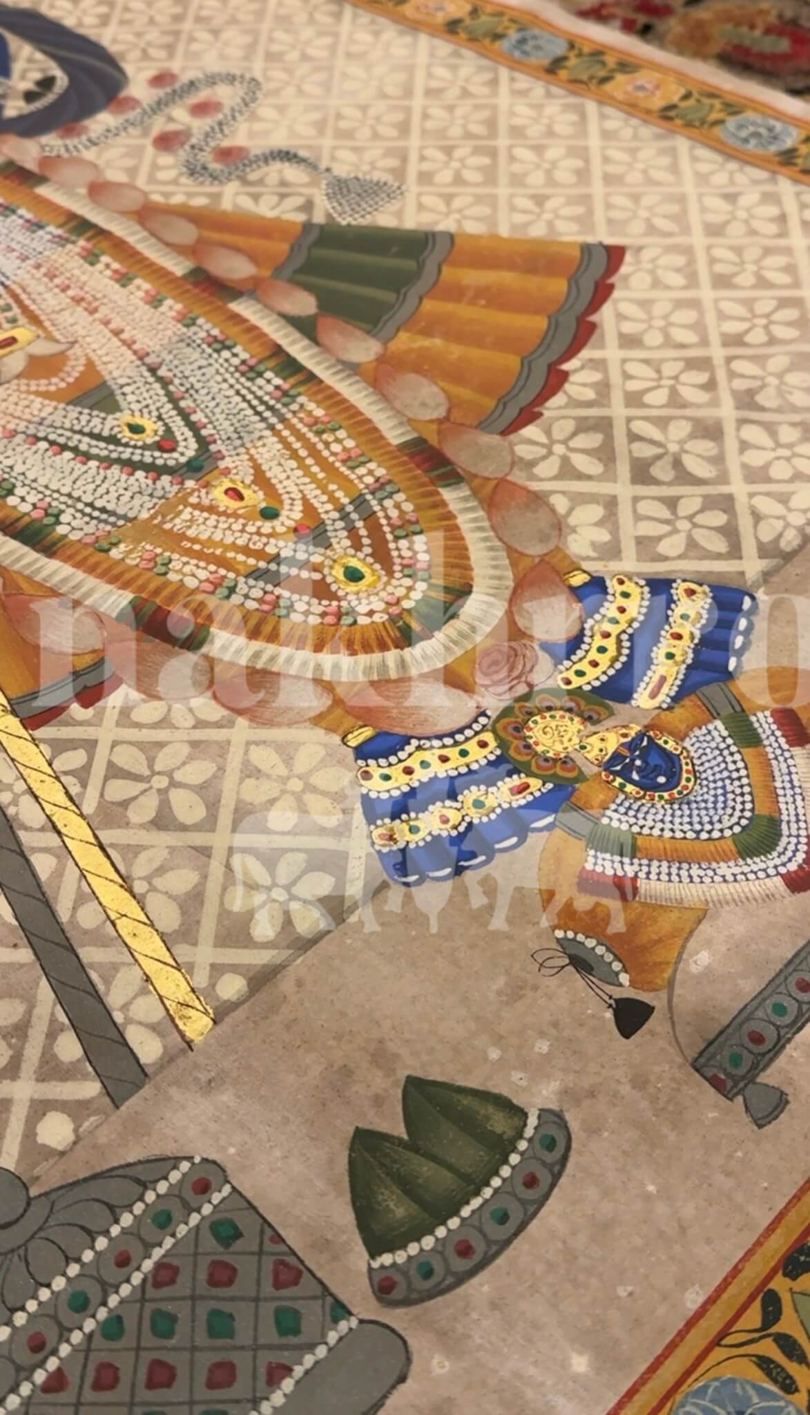 Shrinathji Shringar — Full Figure Pichwai with Lotus & Pearl Garlands - Nakhrro