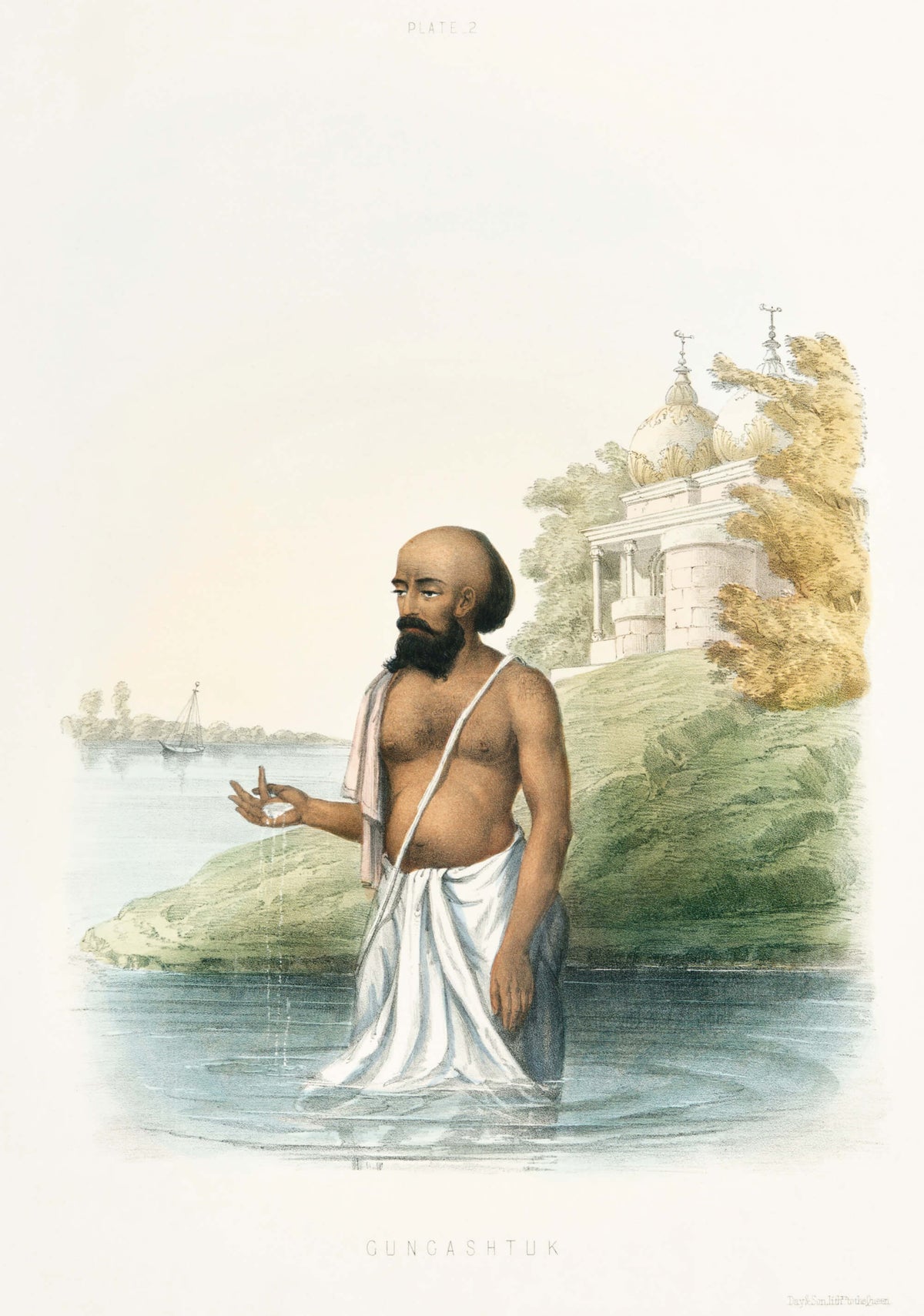 Man in a white garment standing by water with a building and trees in the background