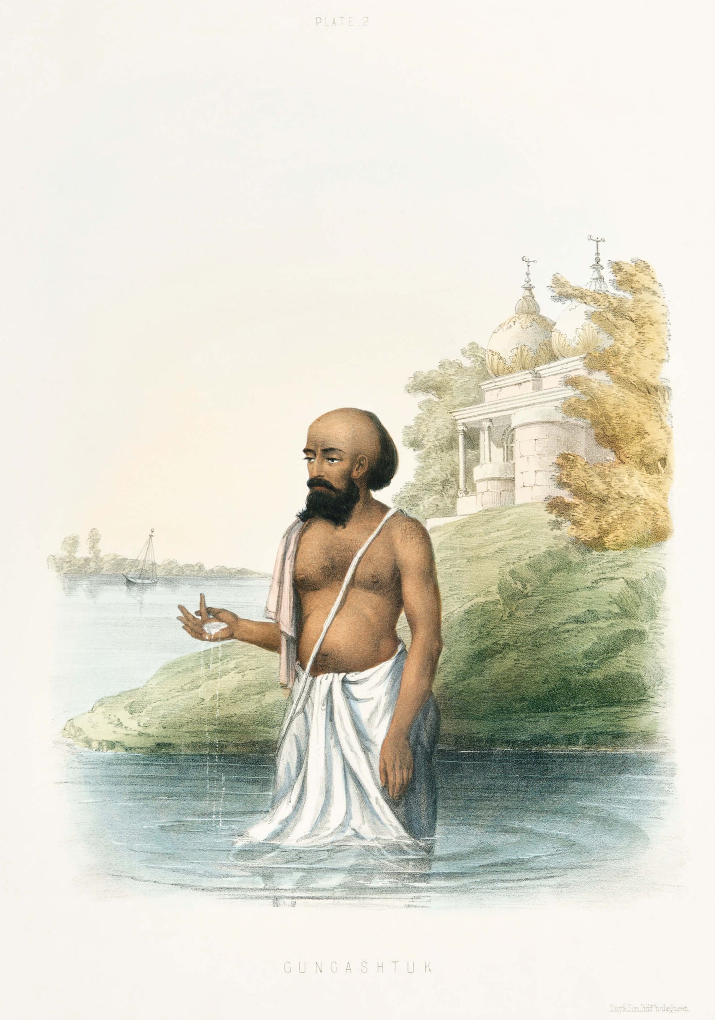Man in a white garment standing by water with a building and trees in the background