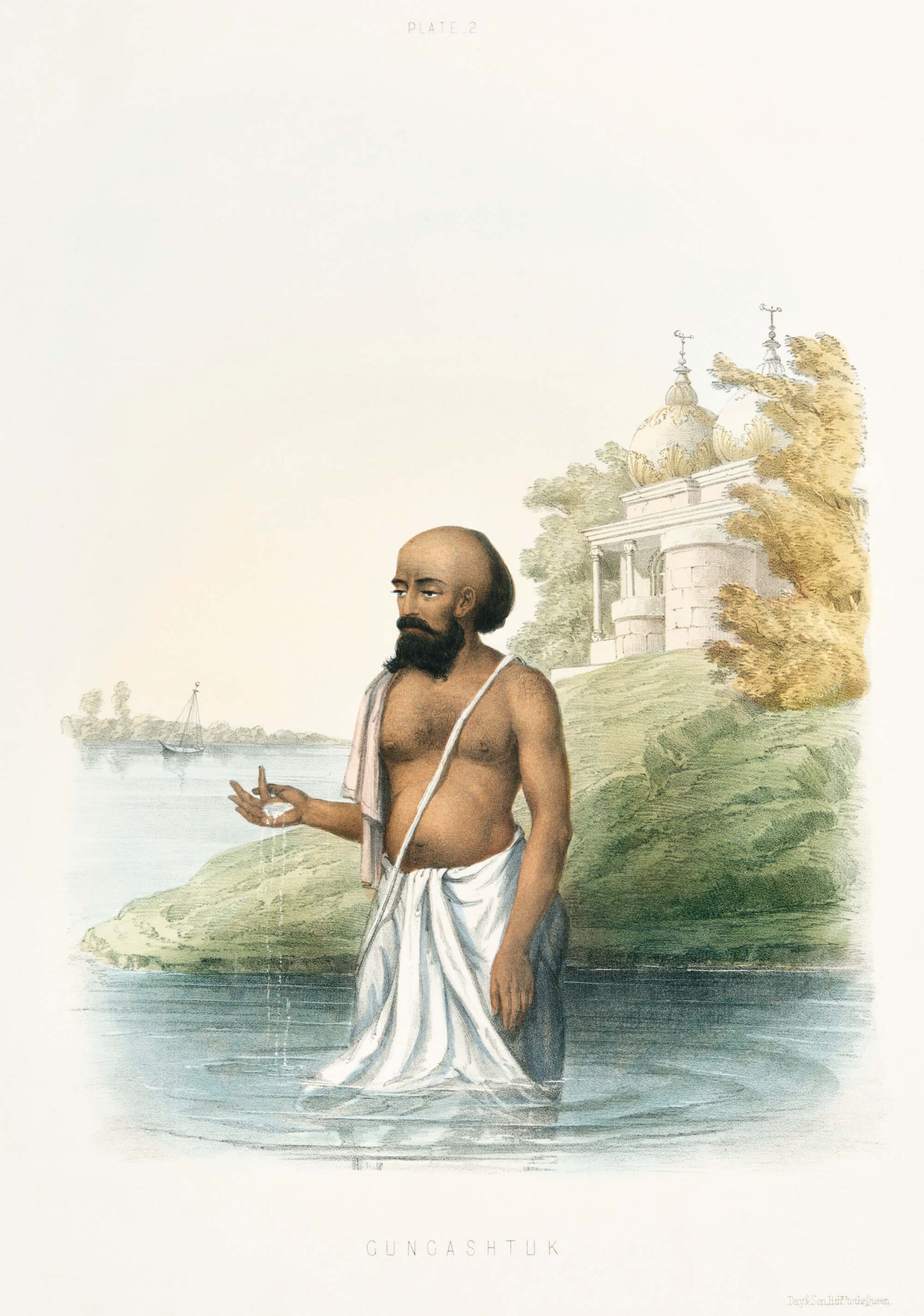 Man in a white garment standing by water with a building and trees in the background