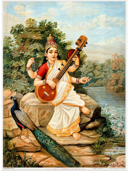 Raja Ravi Varma Saraswati Painting | Goddess Saraswati with Veena Art Print - Nakhrro