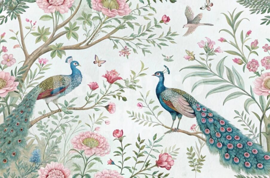 Peacock Floral Garden Museum-Grade Art Print | Indian Botanical Art