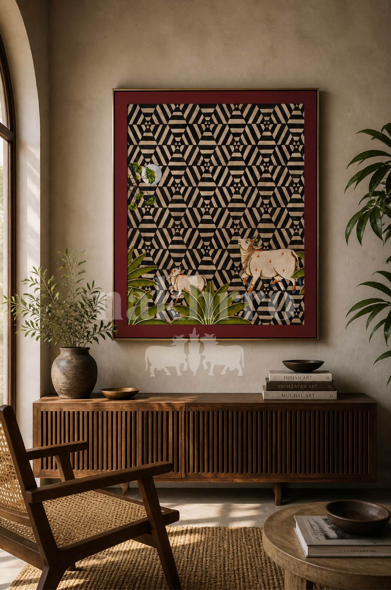 Kamdhenu & Calf in Hexagonal Grid — Geometric Contemporary Pichwai Art Print