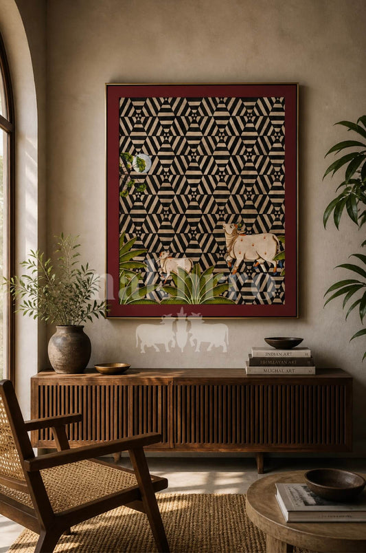 Kamdhenu & Calf in Hexagonal Grid — Geometric Contemporary Pichwai Art Print