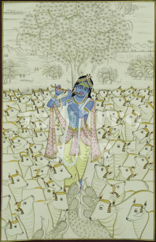 Krishna with Cows Pichwai Art Print – Museum-Grade in Soft Ivory