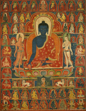 Akshobhya Buddha — Vintage Tibetan Thangka with Celestial Assembly Art Print - Nakhrro