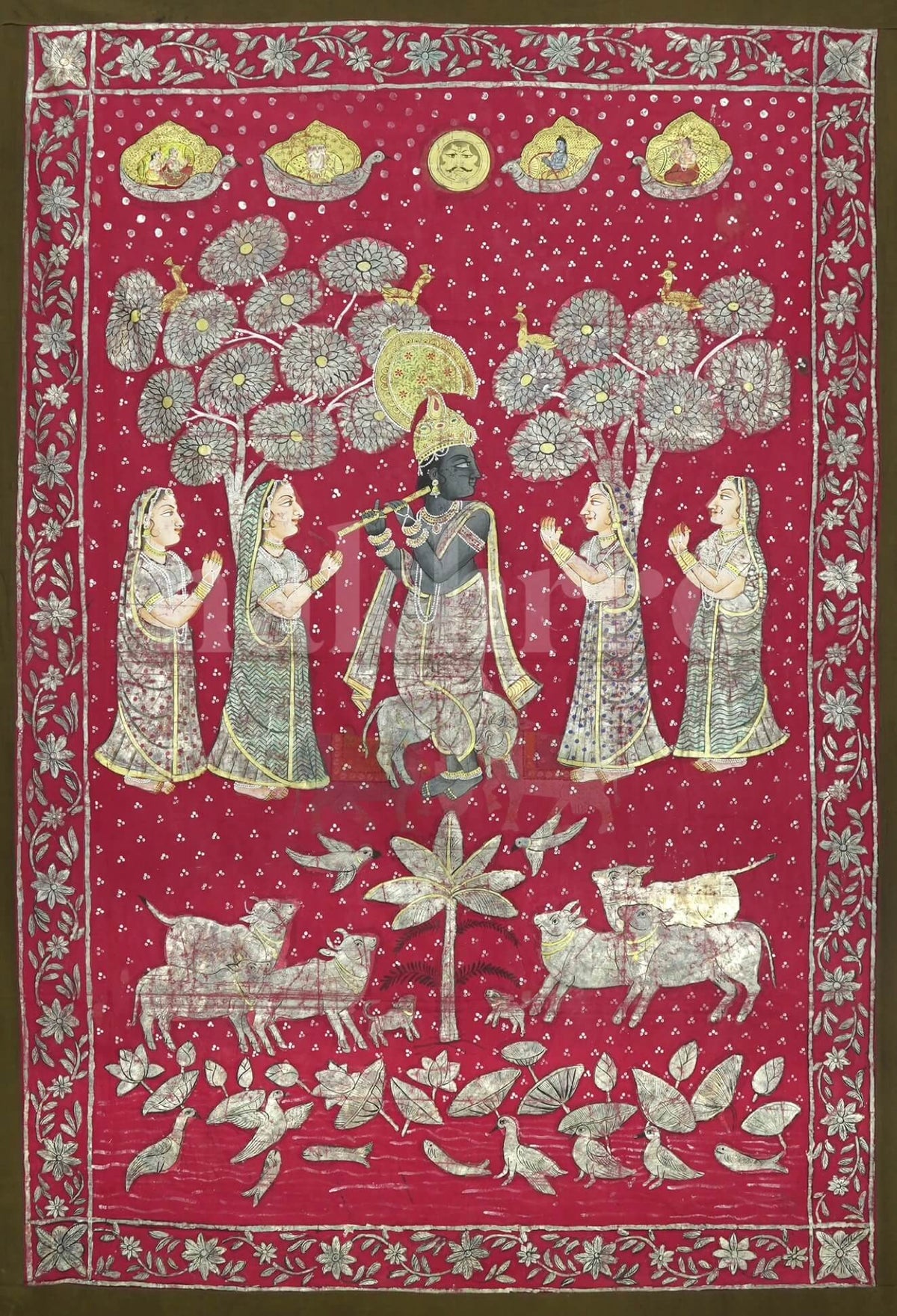 Red Full Moon Night Krishna With Gopis Pichwai - Nakhrro