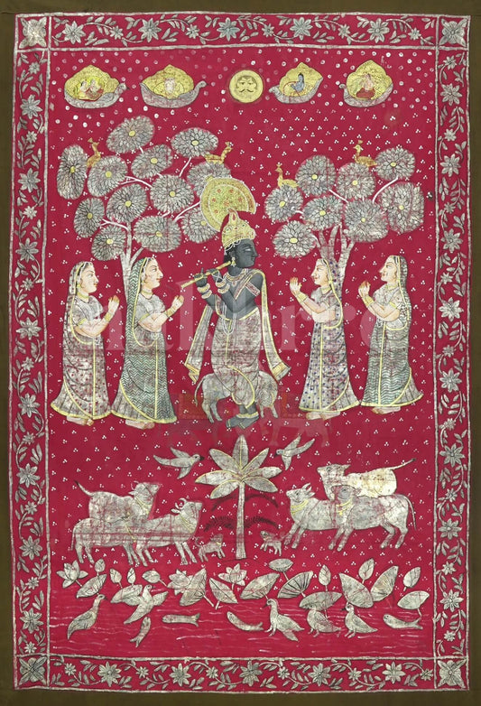 Red Full Moon Night Krishna With Gopis Pichwai