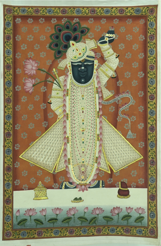 Saffron & Gold Hand-Painted Pichwai of Shrinathji | Traditional Temple Art for Home & Decor