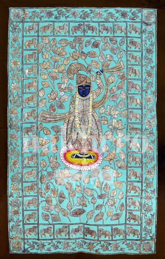 Folk-Style Shrinathji Pichwai – Hand-Painted Original in Powder Blue (3x5 ft, Silver Leaf Detailing)