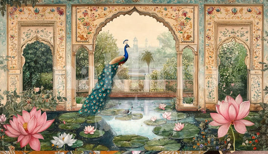 Mughal Palace Garden Peacock Around Lotus