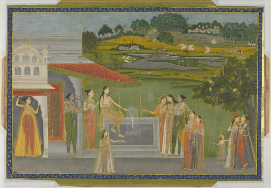 Royal Women at the Palace Fountain – Kishangarh Style Miniature Art Print