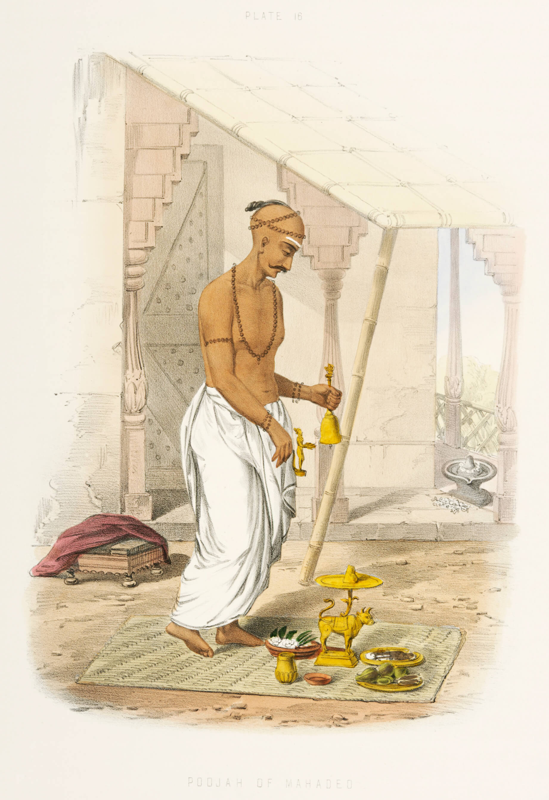 Illustration of a man performing a ritual in a room with architectural details.