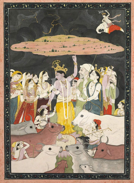 Krishna Lifting Govardhan Parvat Painting | Vintage Indian Miniature Art | Museum-Grade Print